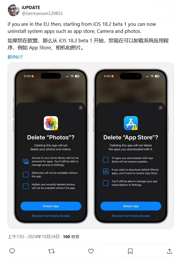 渔洋镇苹果手机维修分享iOS 18.2 支持删除 App Store 应用商店 